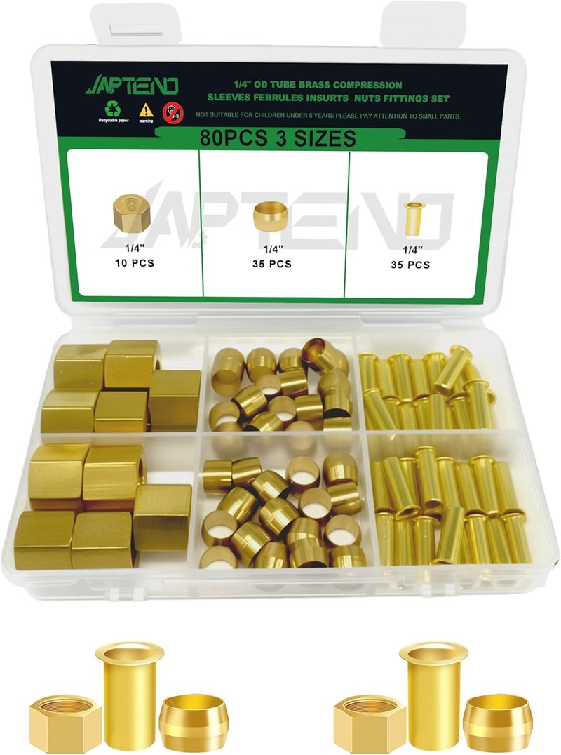 Japtend 80pcs 1/4" Brass Compression Sleeves Ferrules Inserts Nuts Fittings Assortment Kit, Air Hose Ferrules Kit of Air Water Fuel Oil Gas Tube Lines - Image 1